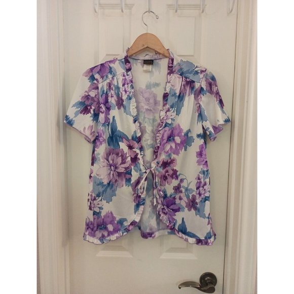 Salon Studio Sweaters - Women's Salon Studio Floral Purple/Blue Tie Front Lightweight Cardigan Sz Medium